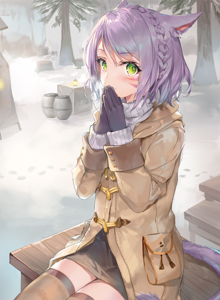 Anime picture 900x1227 with final fantasy final fantasy xiv square enix miqo'te momoko (momopoco) single tall image looking at viewer blush fringe short hair hair between eyes sitting green eyes animal ears purple hair outdoors tail braid (braids) parted lips