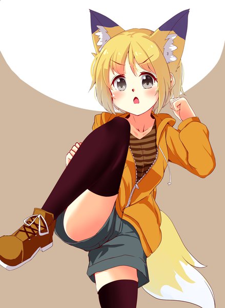 Anime picture 1498x2048 with original koko (yutturi) suzune kou single tall image looking at viewer short hair simple background blonde hair animal ears tail long sleeves animal tail :o grey eyes fox ears fox tail fox girl striped fighting stance