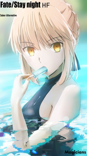 Anime picture 844x1519 with fate (series) fate/stay night type-moon artoria pendragon (all) saber alter magicians (zhkahogigzkh) single tall image looking at viewer fringe highres short hair blonde hair holding yellow eyes braid (braids) inscription character names mouth hold pale skin