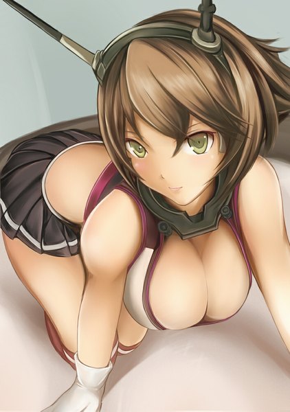 Anime picture 704x1000 with kantai collection mutsu battleship nannacy7 single tall image looking at viewer short hair light erotic brown hair bare shoulders yellow eyes cleavage girl skirt hair ornament miniskirt