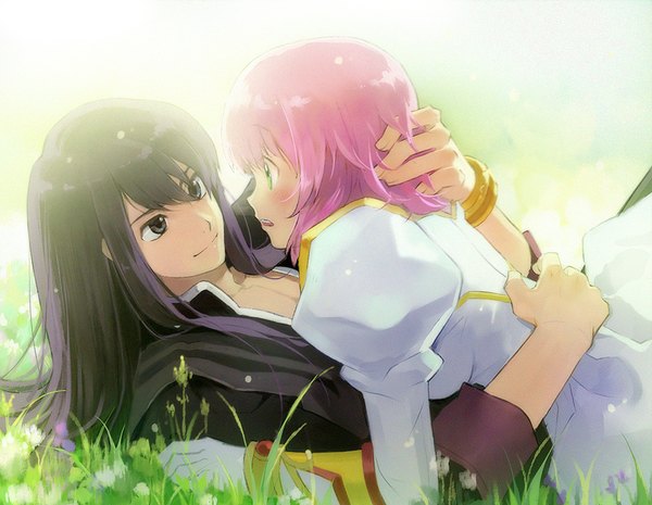Anime picture 984x764 with tales of (series) tales of vesperia yuri lowell estellise sidos heurassein mimi (ranma3049) long hair blush fringe short hair open mouth black hair smile hair between eyes green eyes pink hair outdoors lying profile black eyes on back