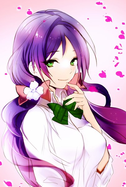 Anime picture 600x888 with love live! school idol project sunrise (studio) love live! toujou nozomi lpip single long hair tall image looking at viewer fringe simple background smile twintails green eyes purple hair wind low twintails finger to mouth pink background open collar