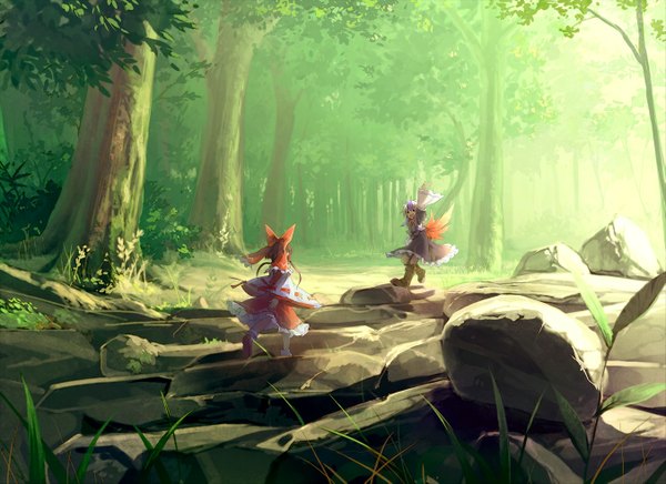 Anime picture 1351x983 with touhou hakurei reimu tokiko (touhou) eho (icbm) long hair open mouth brown hair multiple girls purple hair traditional clothes back miko girl bow 2 girls plant (plants) hair bow detached sleeves tree (trees) boots