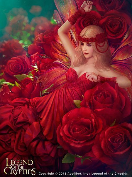 Anime picture 900x1200 with legend of the cryptids mario wibisono (raynkazuya) single long hair tall image blonde hair red eyes signed looking away lying hair flower fingernails lips realistic inscription copyright name lipstick fantasy insect wings butterfly wings