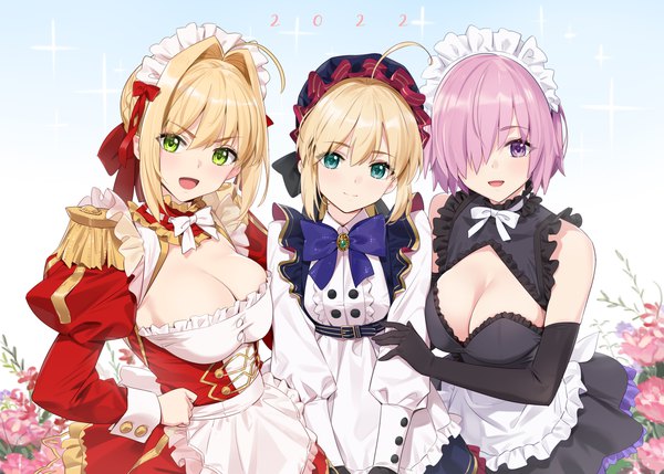 Anime picture 3500x2500 with fate (series) fate/grand order artoria pendragon (all) mash kyrielight nero claudius (fate) (all) nero claudius (fate) artoria caster (fate) yd (orange maru) blush fringe highres short hair breasts open mouth light erotic blonde hair smile hair between eyes large breasts standing