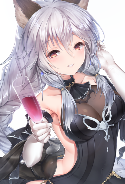 Anime picture 927x1354 with granblue fantasy heles topia single tall image looking at viewer blush fringe breasts light erotic simple background smile hair between eyes red eyes white background animal ears cleavage silver hair braid (braids) very long hair