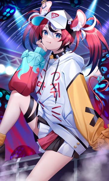 Anime picture 1163x1921 with virtual youtuber hololive hololive english hakos baelz lunacle single long hair tall image looking at viewer fringe blue eyes hair between eyes sitting twintails animal ears red hair tail animal tail multicolored hair streaked hair