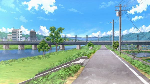 Anime picture 2560x1440 with shirogane otome kamiya tomoe highres wide image game cg sky cloud (clouds) river plant (plants) tree (trees) grass bridge