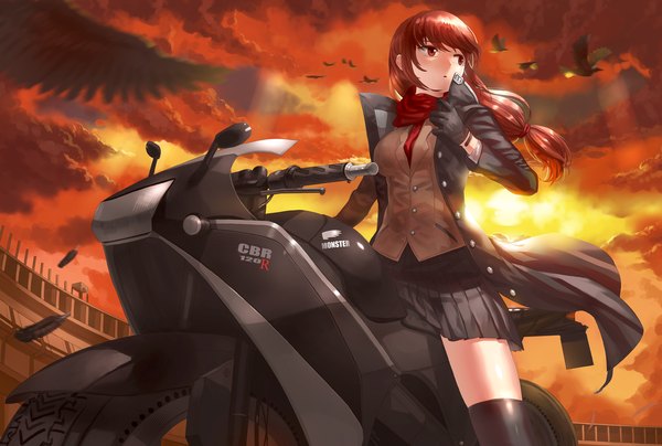 Anime picture 1504x1014 with original kfr single long hair red eyes brown hair looking away sky cloud (clouds) girl thighhighs skirt gloves black thighhighs animal scarf bird (birds) motorcycle