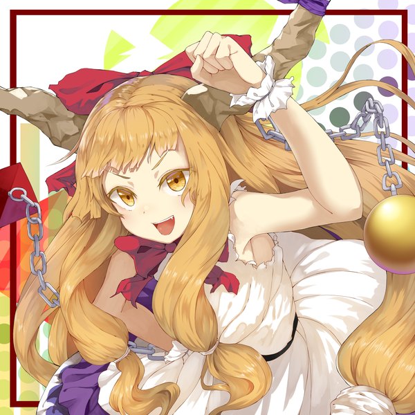 Anime picture 2500x2500 with touhou ibuki suika yamato (muchuu paradigm) single long hair looking at viewer highres open mouth blonde hair smile yellow eyes payot horn (horns) sleeveless hand on hip girl dress white dress bowtie chain