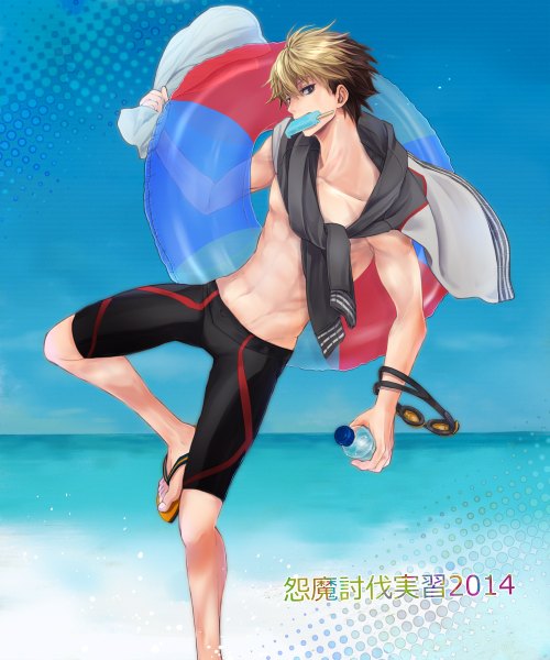 Anime picture 1000x1200 with original tamahagane gakuen touransai suou rintarou bacopa tall image looking at viewer short hair blonde hair brown hair standing holding brown eyes sky bent knee (knees) multicolored hair two-tone hair bare belly beach mouth hold leg lift (legs lift)