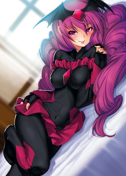 Anime picture 800x1113 with precure smile precure! toei animation bad end happy kazuma muramasa single long hair tall image looking at viewer blush breasts light erotic purple eyes purple hair lying girl dress hair ornament tongue bed