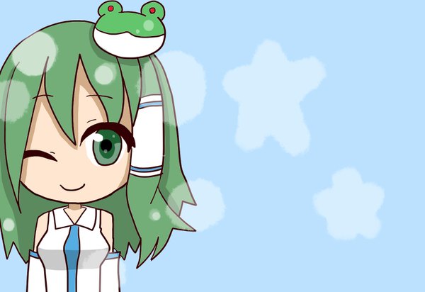 Anime picture 1600x1100 with touhou kochiya sanae smile green eyes green hair girl detached sleeves frog
