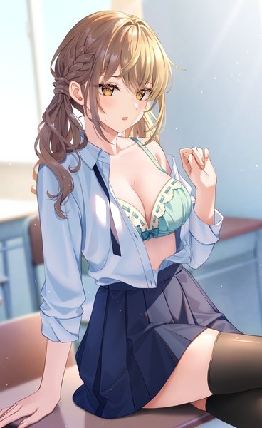 Anime picture 1883x3072 with original fujitatoru single long hair tall image looking at viewer blush fringe highres breasts open mouth light erotic brown hair large breasts sitting twintails brown eyes payot indoors pleated skirt
