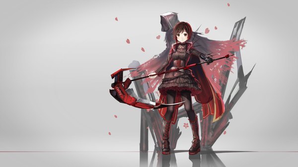 Anime picture 3200x1800 with rwby rooster teeth ruby rose red flowers looking at viewer highres short hair black hair wide image black eyes grey background girl dress gloves weapon black gloves boots cape scythe