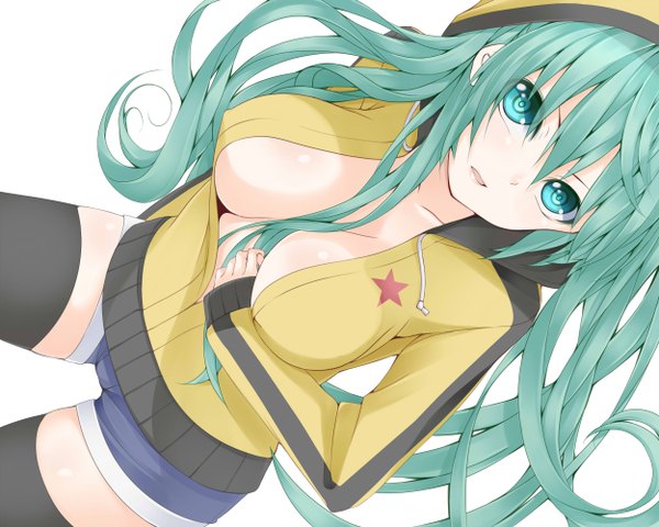 Anime picture 2500x2000 with vocaloid hatsune miku nemu (nebusokugimi) single long hair highres breasts open mouth light erotic simple background white background aqua eyes aqua hair girl thighhighs black thighhighs shorts