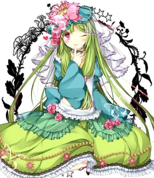 Anime picture 1000x1156 with pokemon nintendo lilligant homaderi single long hair tall image blush one eye closed pink eyes green hair wink finger to mouth gen 5 pokemon girl dress bow hat frills crown
