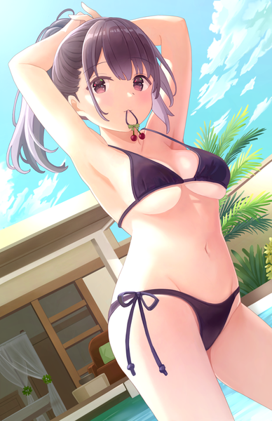 Anime picture 905x1400 with original nomio single long hair tall image breasts light erotic black hair large breasts purple eyes payot sky cloud (clouds) from below underboob groin adjusting hair tying hair hair tie in mouth girl