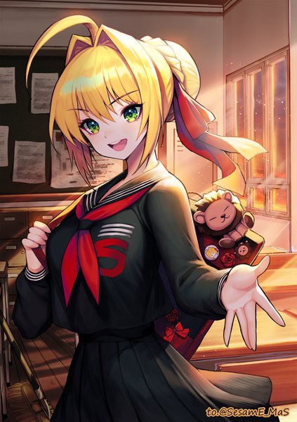 Anime picture 1000x1420 with fate (series) fate/grand order nero claudius (fate) (all) nero claudius (fate) kyundoo single tall image looking at viewer blush fringe short hair open mouth blonde hair smile hair between eyes standing green eyes payot ahoge indoors