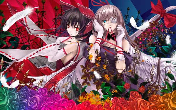 Anime picture 1680x1050 with touhou hakurei reimu yakumo yukari misaki kurehito cradle (artist) long hair highres black hair red eyes brown hair wide image multiple girls angel wings girl gloves flower (flowers) bow ribbon (ribbons) 2 girls wings