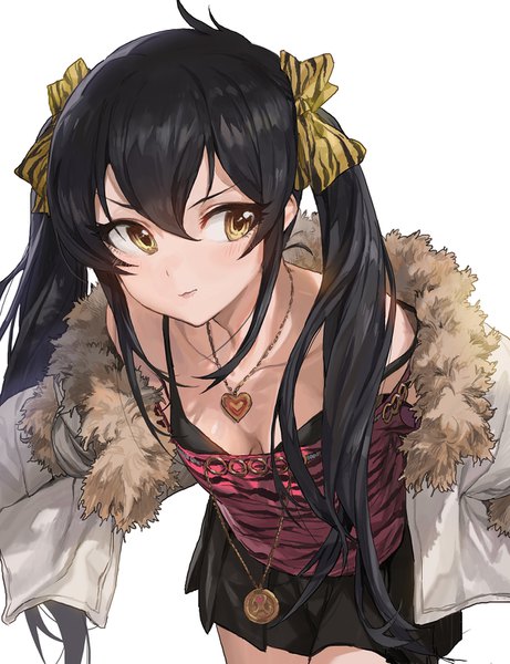 Anime picture 1200x1561 with idolmaster idolmaster cinderella girls matoba risa modare single long hair tall image blush fringe light erotic black hair simple background hair between eyes white background twintails brown eyes looking away pleated skirt off shoulder leaning