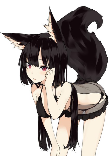 Anime picture 868x1228 with original paryi single long hair tall image blush fringe open mouth light erotic black hair simple background red eyes white background animal ears cleavage tail animal tail fox ears fox tail fox girl