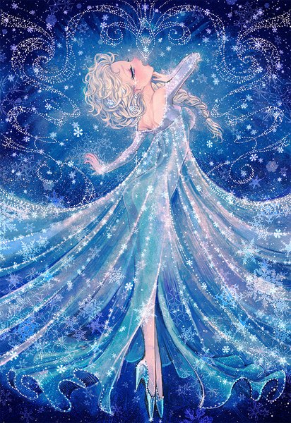 Anime picture 800x1163 with frozen (disney) disney elsa (frozen) takatora single long hair tall image blush open mouth blue eyes blonde hair bare shoulders braid (braids) profile high heels tears single braid snowflake print girl dress