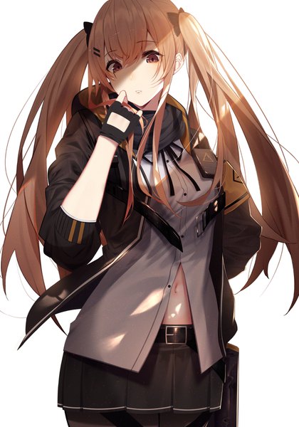 Anime picture 1400x2000 with girls frontline ump9 (girls frontline) kisui single long hair tall image looking at viewer blush fringe simple background hair between eyes brown hair standing white background twintails brown eyes payot parted lips open jacket scar