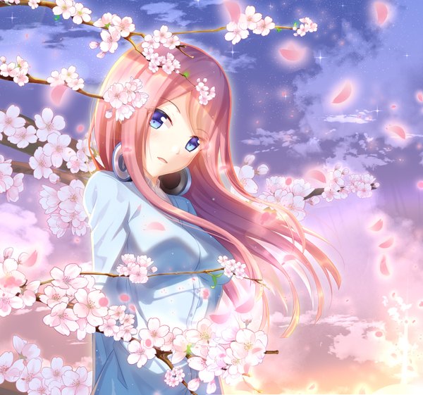 Anime picture 1500x1403 with go-toubun no hanayome nakano miku papa (wfd) single long hair looking at viewer blush fringe breasts open mouth blue eyes standing pink hair cloud (clouds) upper body wind night night sky cherry blossoms headphones around neck