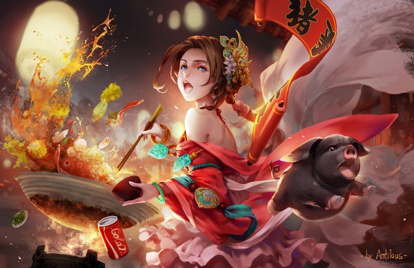 Anime picture 1200x778 with original coca-cola antilous (anti) single long hair looking at viewer open mouth blue eyes brown hair bare shoulders holding signed upper body traditional clothes looking back wind off shoulder night wide sleeves chinese clothes