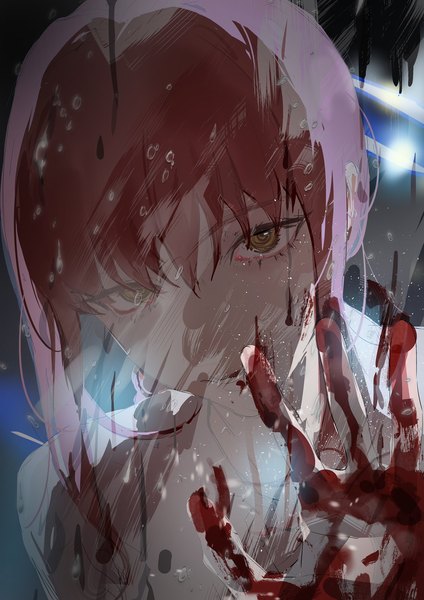 Anime picture 1448x2048 with chainsaw man mappa makima (chainsaw man) pamafff single long hair tall image looking at viewer fringe hair between eyes brown hair payot upper body parted lips head tilt light smile against glass girl blood water drop