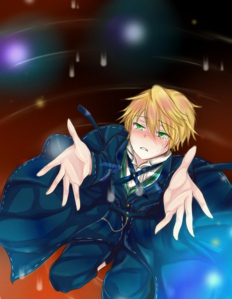 Anime picture 1748x2251 with pandora hearts xebec oz vessalius single tall image blush fringe highres short hair blonde hair simple background hair between eyes sitting green eyes parted lips from above looking up outstretched hand crying boy