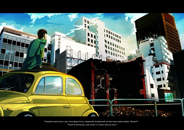 Anime picture 1052x744 with lupin iii jigen daisuke arsene lupin iii nasubi (w.c.s) short hair brown hair sky cloud (clouds) city smoke smoking ruins hat over eyes boy hat building (buildings) suit ground vehicle car