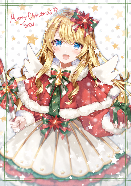 Anime picture 1000x1412 with original shione (memento forest) single long hair tall image looking at viewer open mouth blue eyes blonde hair :d fur trim christmas framed bell collar merry christmas 2021 girl bow hair bow wings