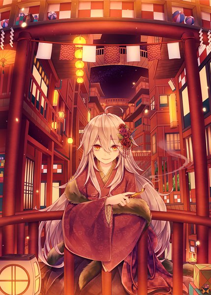 Anime picture 1000x1397 with original tadano tsukasa single long hair tall image looking at viewer fringe smile hair between eyes standing holding yellow eyes silver hair ahoge traditional clothes hair flower night wide sleeves night sky fur trim