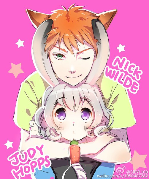 Anime picture 1000x1195 with zootopia disney judy hopps nick wilde sibyl tall image looking at viewer blush fringe short hair simple background smile hair between eyes purple eyes holding green eyes signed animal ears silver hair upper body