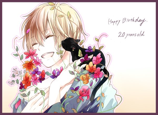 Anime picture 1229x893 with nico nico singer 96neko asasumiboochan short hair simple background blonde hair eyes closed piercing happy licking reverse trap girl flower (flowers) animal cat