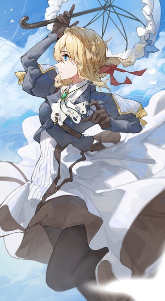 Anime picture 2109x3842 with violet evergarden kyoto animation violet evergarden (character) sentter single tall image fringe highres short hair blue eyes blonde hair hair between eyes standing holding looking away sky cloud (clouds) bent knee (knees) outdoors braid (braids)