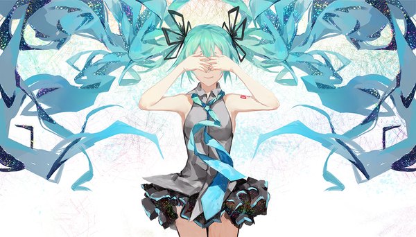 Anime picture 1080x616 with vocaloid hatsune miku criin single wide image white background twintails eyes closed very long hair aqua hair girl skirt ribbon (ribbons) hair ribbon necktie