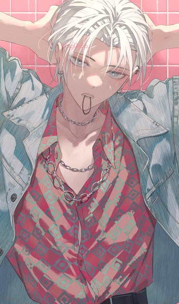 Anime picture 1000x1700 with original ugonba (howatoro) single tall image looking at viewer short hair signed upper body white hair grey eyes twitter username piercing adjusting hair ear piercing arms behind head open collar tying hair hair tie in mouth boy chain