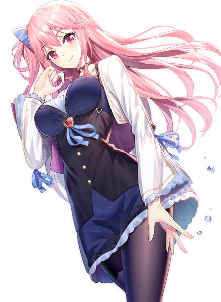 Anime picture 881x1200 with original emily stock ririko (zhuoyandesailaer) single long hair tall image looking at viewer blush fringe breasts simple background smile hair between eyes standing white background pink hair braid (braids) long sleeves pink eyes arm up