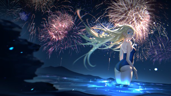 Anime picture 2000x1125 with summertime render kofune ushio tidsean single long hair looking at viewer blush fringe highres breasts blue eyes light erotic blonde hair wide image standing outdoors ass parted lips wind night