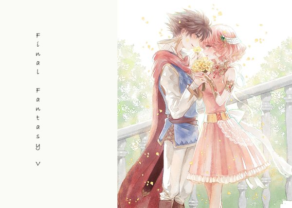 Anime picture 1400x1000 with final fantasy v bartz klauser lenna charlotte tycoon takatora short hair blue eyes brown hair green eyes pink hair wind inscription couple holding hands open collar face to face girl dress boy hair ornament flower (flowers)