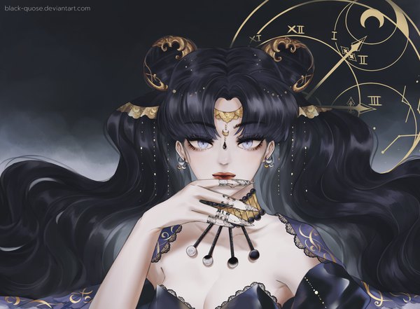 Anime picture 1836x1350 with bishoujo senshi sailor moon toei animation queen nehelenia black-quose single long hair looking at viewer highres blue eyes black hair signed cleavage upper body lips hair bun (hair buns) lipstick finger to mouth wavy hair red lipstick girl