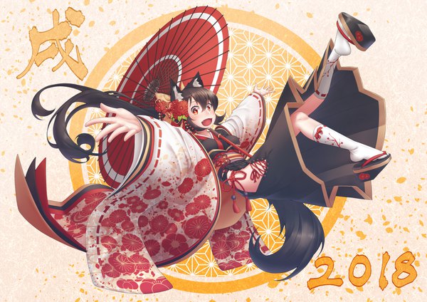 Anime picture 2046x1447 with original kzy090 single long hair looking at viewer fringe highres open mouth hair between eyes red eyes brown hair animal ears tail traditional clothes japanese clothes animal tail fox ears floral print fox tail fox girl
