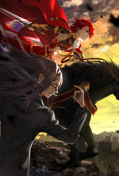 Anime picture 2362x3496 with fate (series) fate/grand order waver velvet lord el-melloi ii alexander (fate/grand order) hutagi rouka long hair tall image highres black hair looking away sky red hair braid (braids) profile multiple boys single braid riding boy weapon