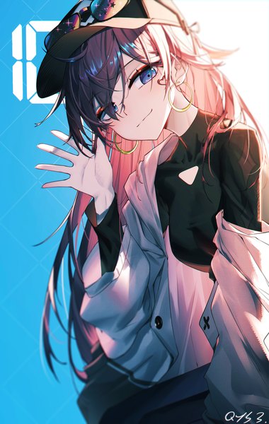 Anime picture 1800x2842 with original qian ye (qys3) qys3 single long hair tall image looking at viewer fringe highres blue eyes black hair smile hair between eyes signed pink hair long sleeves head tilt multicolored hair arm up sunglasses on head