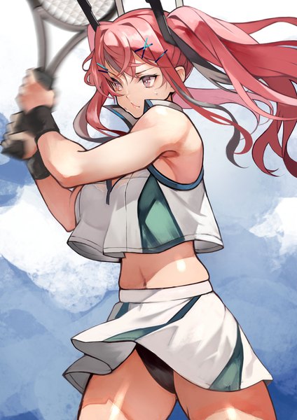 Anime picture 2892x4096 with azur lane bremerton (azur lane) bremerton (scorching-hot training) (azur lane) yoshio (55level) single long hair tall image fringe highres light erotic hair between eyes standing twintails holding looking away pink hair multicolored hair wind two-tone hair midriff