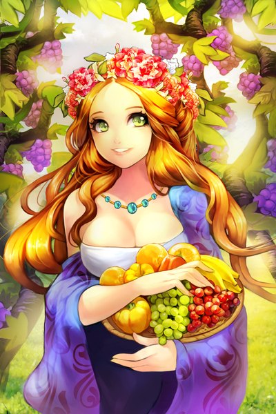 Anime picture 1400x2100 with original zzoggomini single long hair tall image looking at viewer smile green eyes hair flower orange hair girl dress hair ornament flower (flowers) plant (plants) tree (trees) food fruit berry (berries) wreath