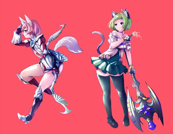 Anime picture 1155x900 with tera online feiren (artist) short hair simple background purple eyes multiple girls animal ears pink hair animal tail pink eyes green hair red background girl thighhighs dress weapon black thighhighs 2 girls bow (weapon) axe